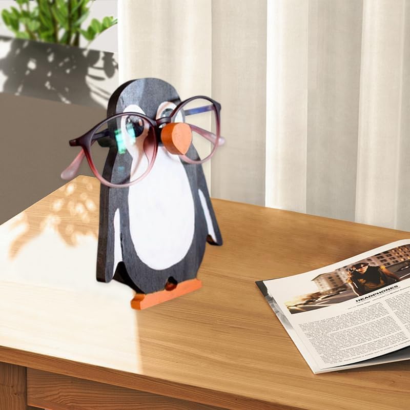 HyeeArt Wooden Animal Glasses Holder , Newsukie - Cute Solid Pine Wood Eyeglasses Stand,Carving Sunglasses Eyeglass Display Stand,Newsukie Creative Gift Glasses Holder for Desk (Flowers Highland Cow) (Penguin-1) - Image 5